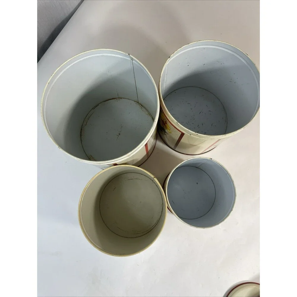 MCM 1950s Maid of Honor Metal 4pc Kitchen Canister Set Floral Pattern Red Knobs
